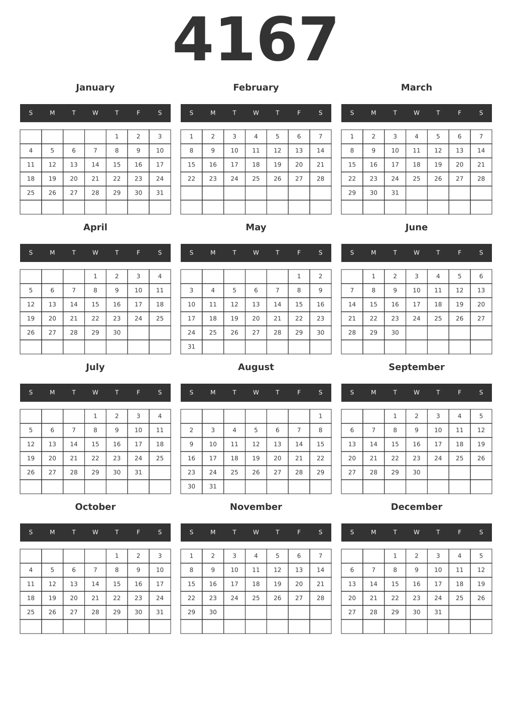 Printable 4167 Year Calendars dark