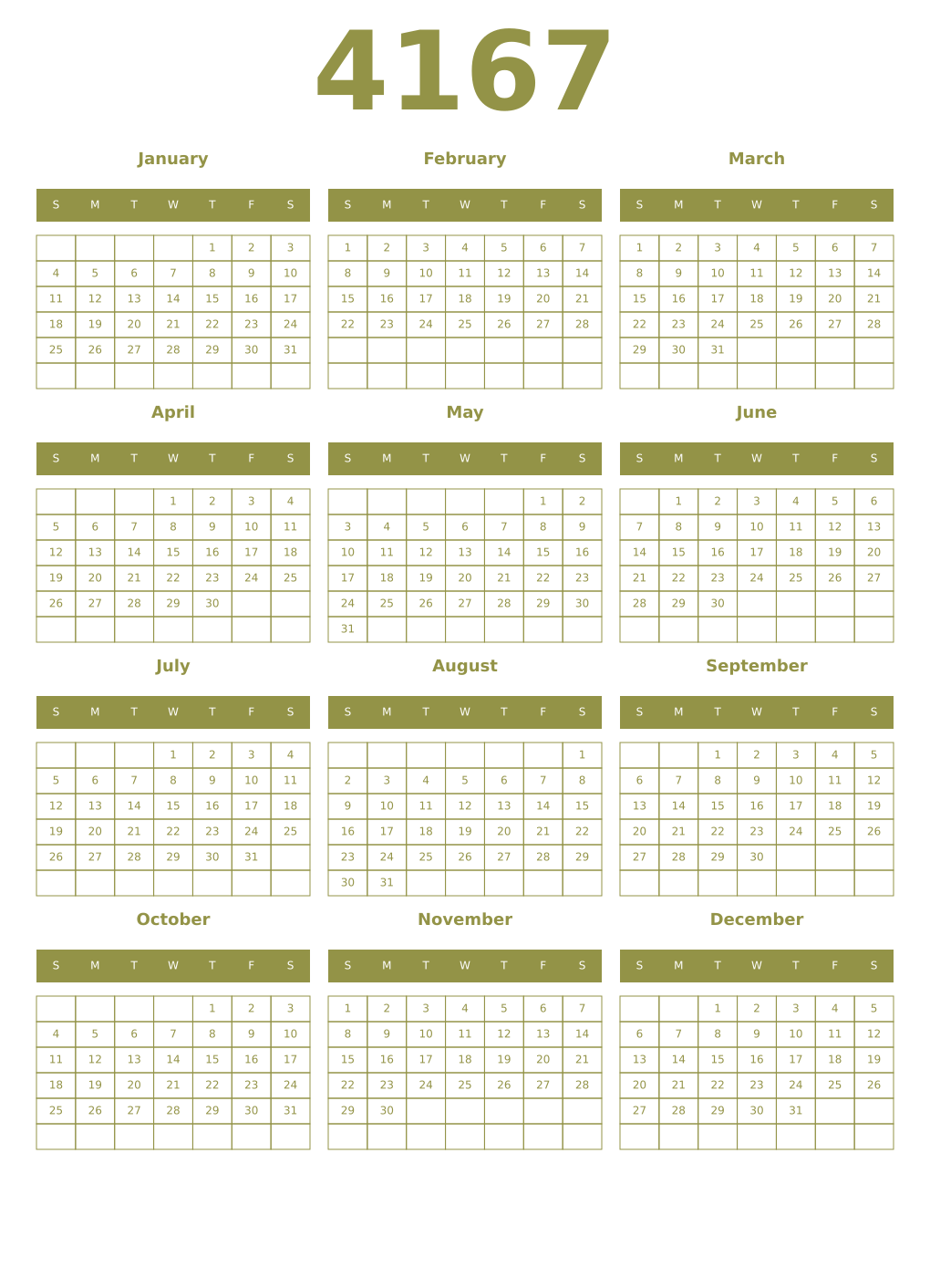 Printable 4167 Year Calendars eburnean