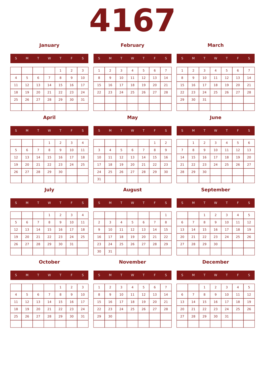 Printable 4167 Year Calendars falu