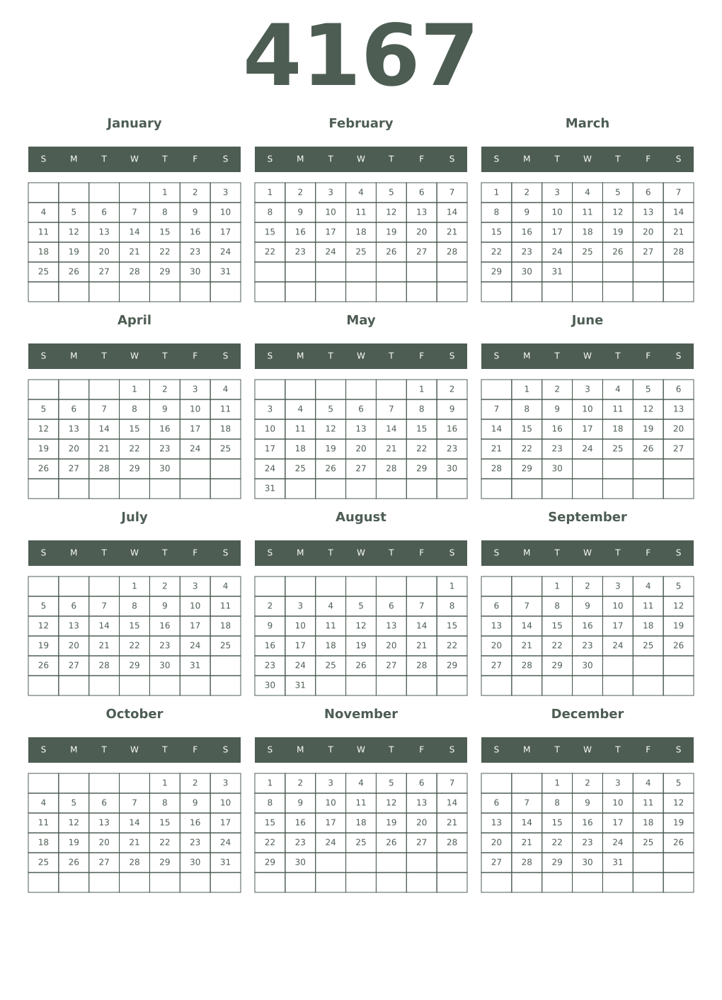 Printable 4167 Year Calendars feldgrau