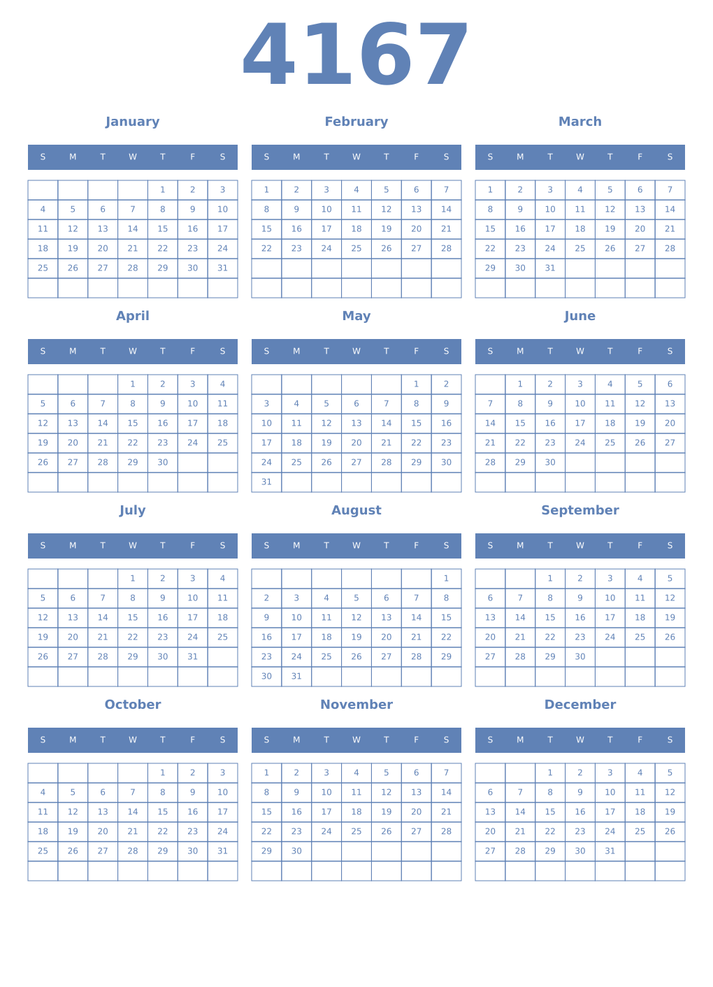 Printable 4167 Year Calendars glaucous