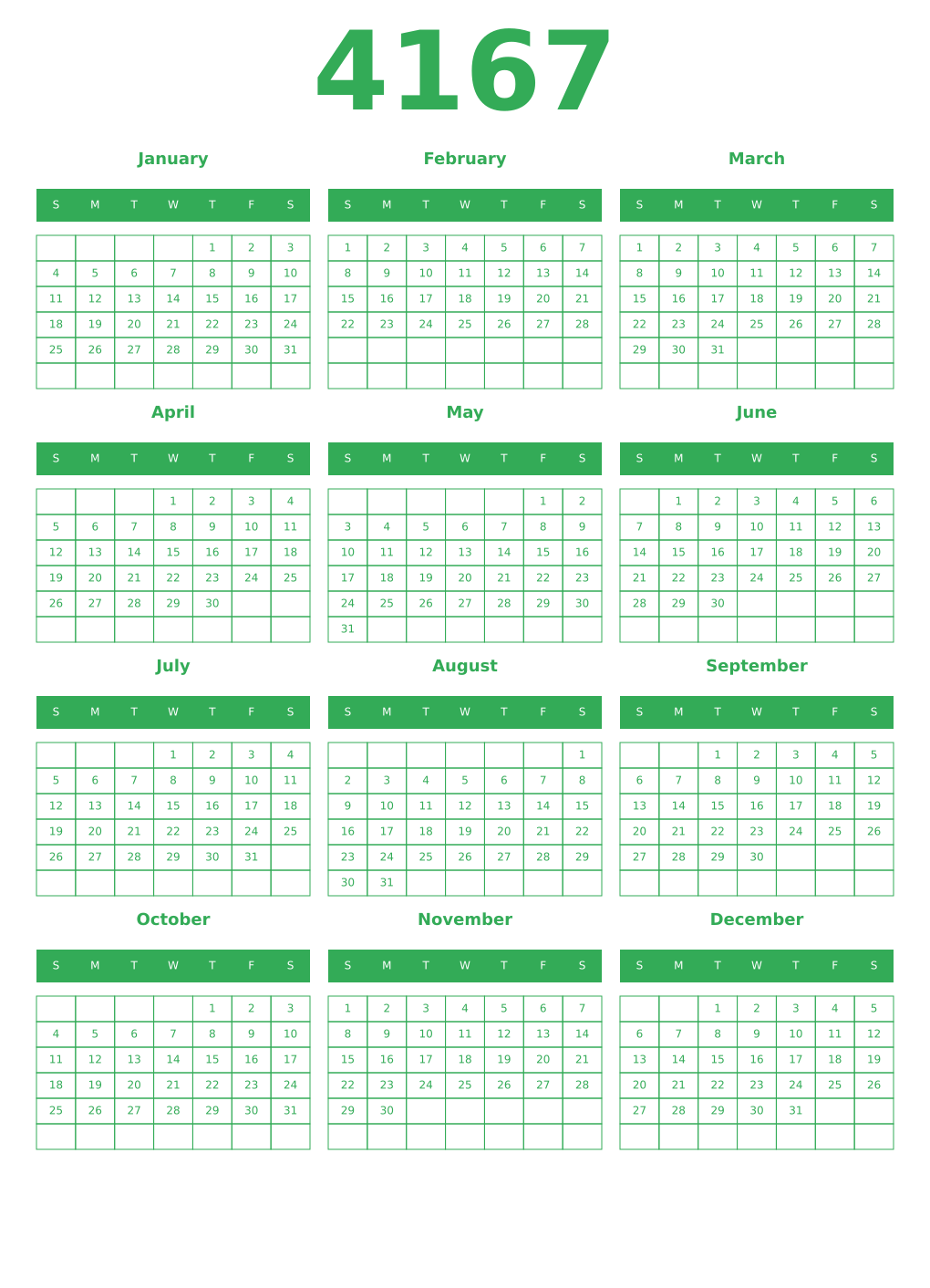 Printable 4167 Year Calendars green