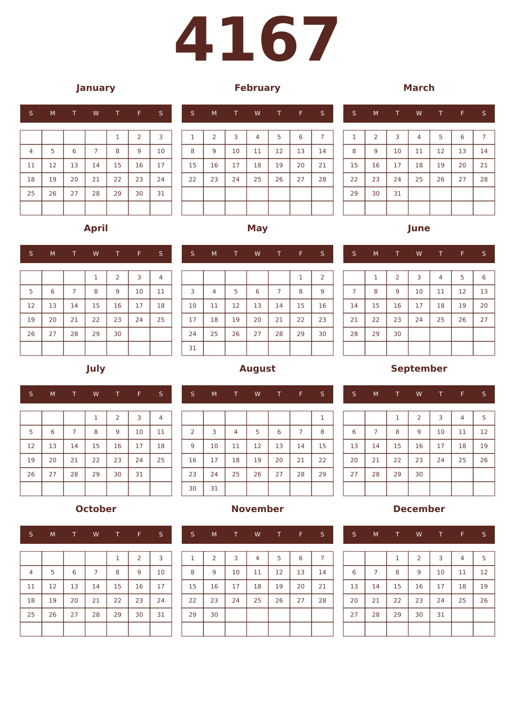 Printable 4167 Year Calendars mortuum