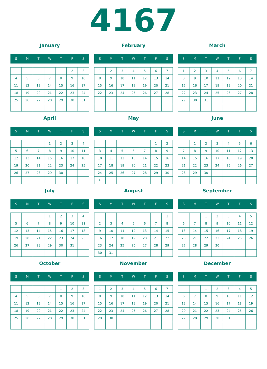 Printable 4167 Year Calendars pastel
