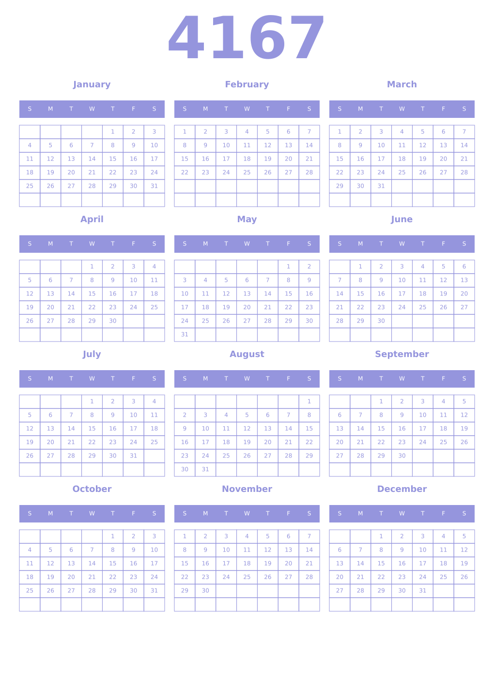 Printable 4167 Year Calendars periwinkle