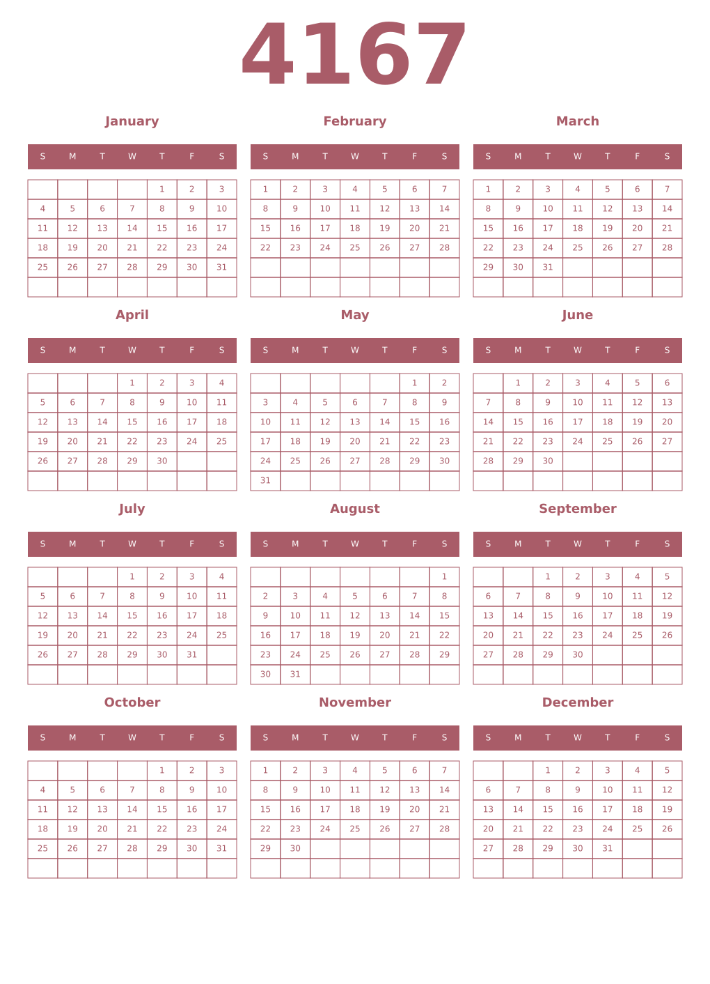 Printable 4167 Year Calendars puce