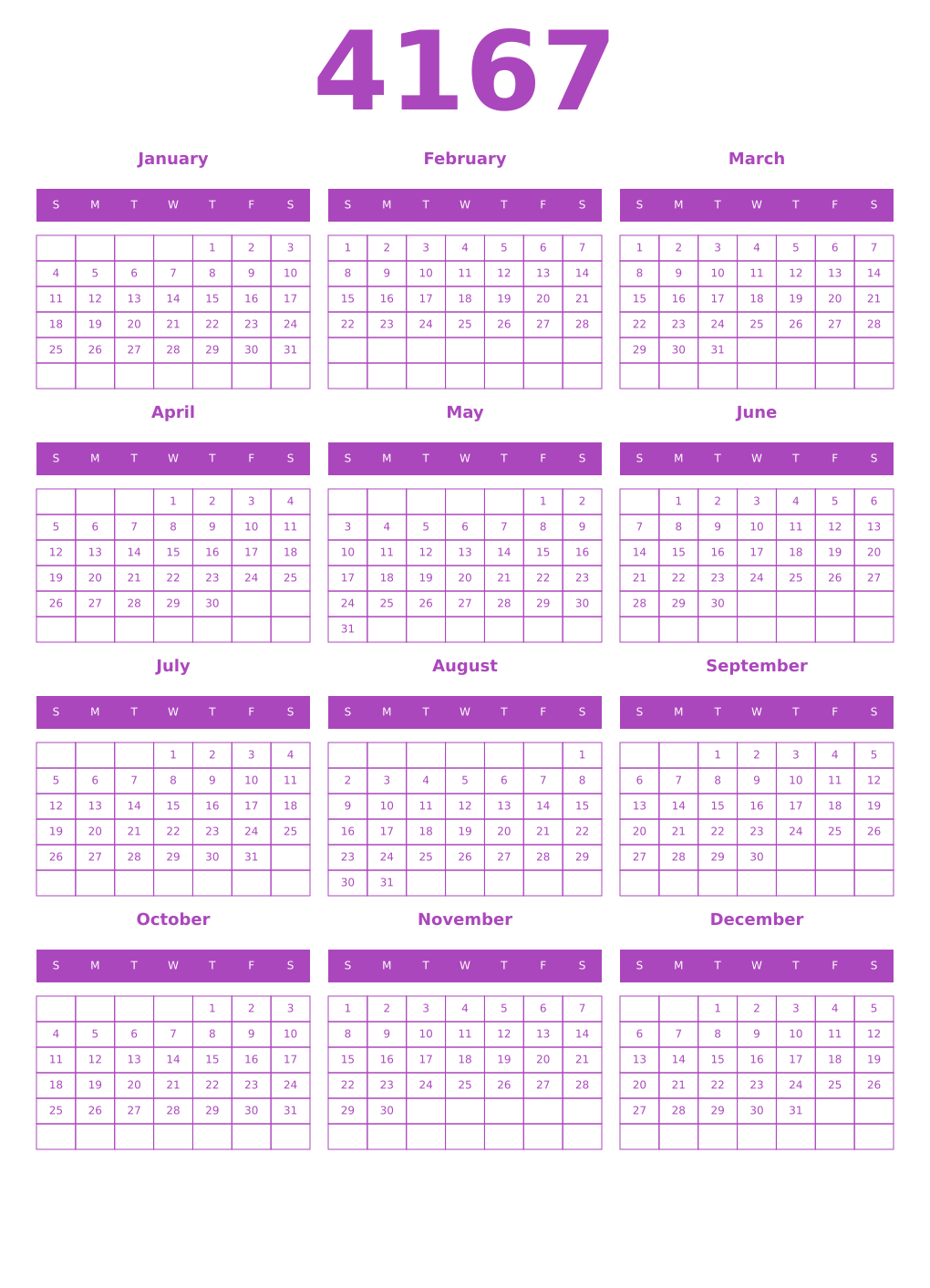 Printable 4167 Year Calendars purple