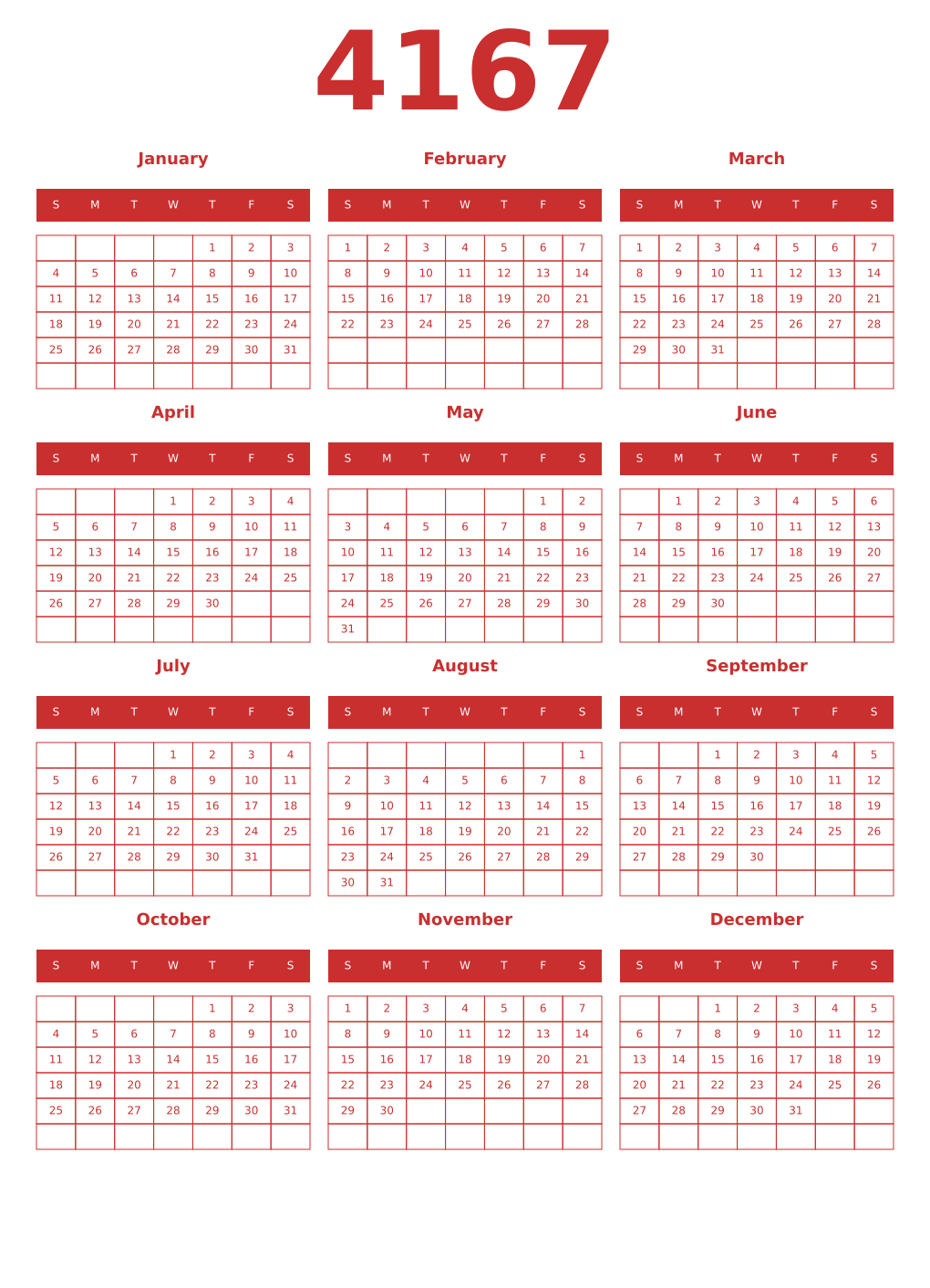 Printable 4167 Year Calendars red