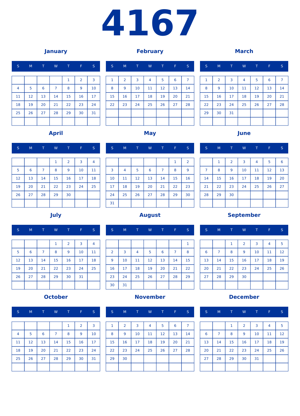 Printable 4167 Year Calendars smalt