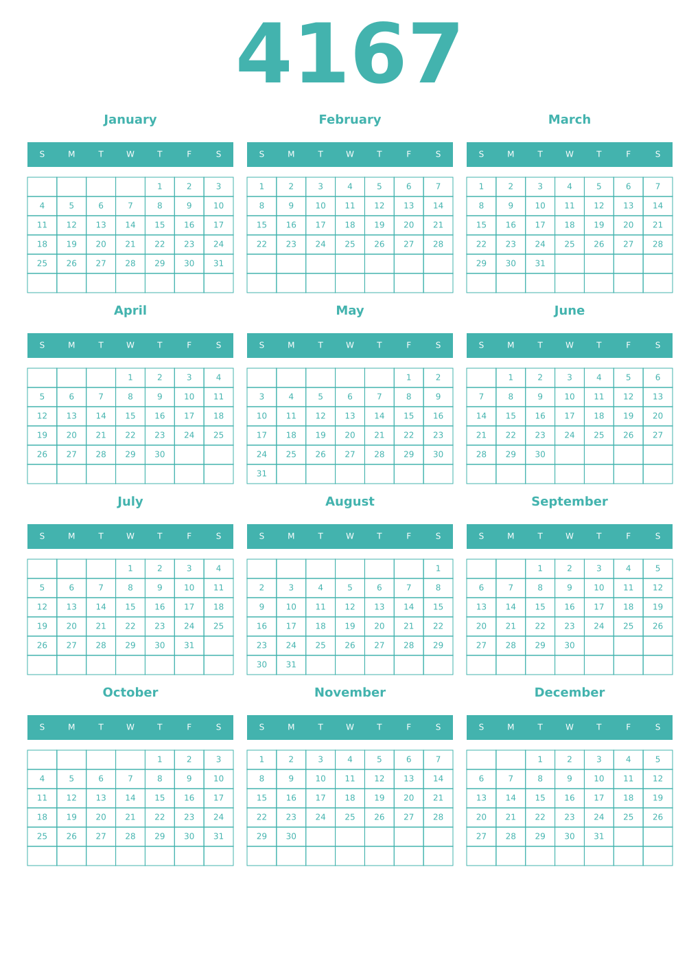 Printable 4167 Year Calendars verdigris