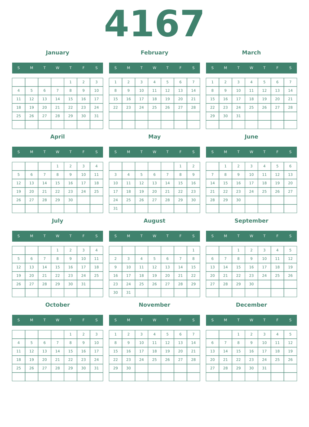 Printable 4167 Year Calendars viridian