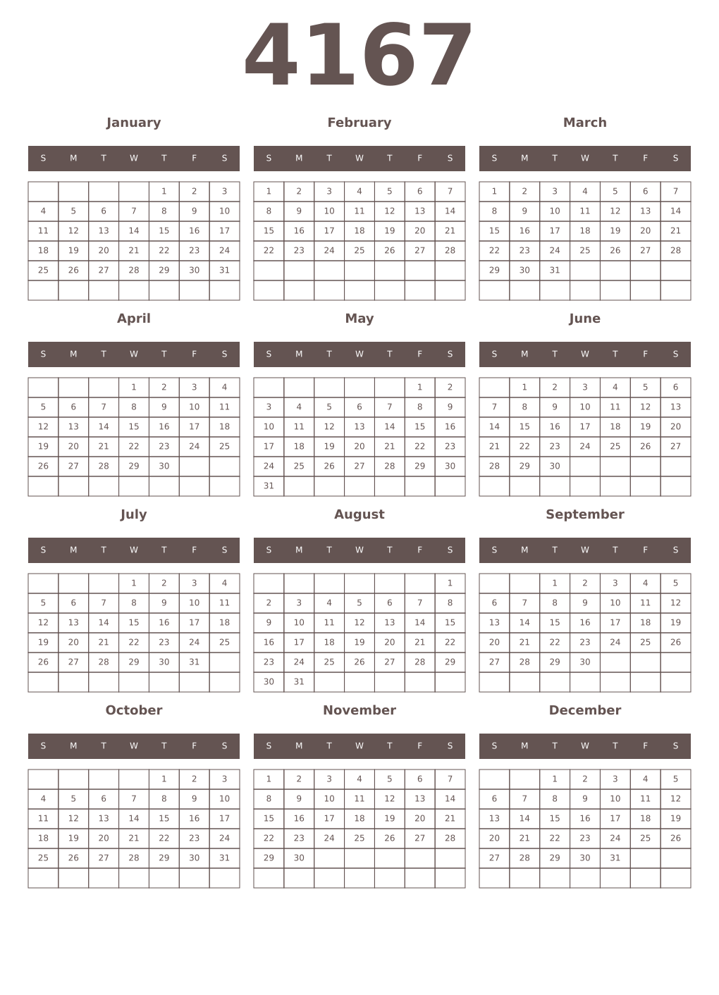 Printable 4167 Year Calendars wenge