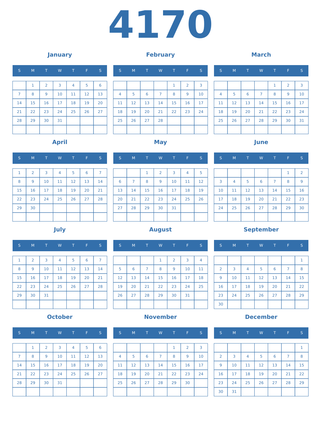 Printable 4170 Year Calendars blue