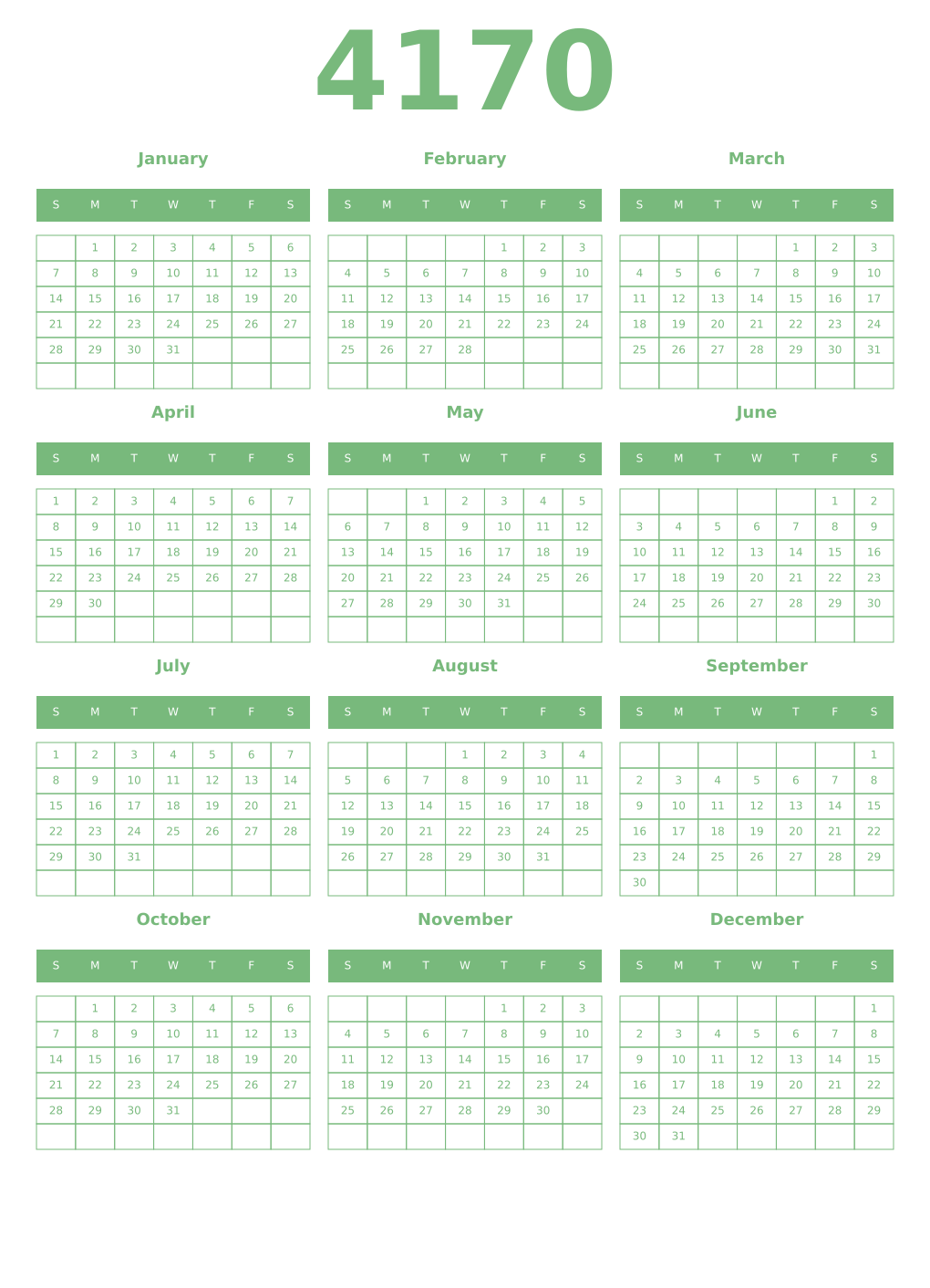 Printable 4170 Year Calendars celadon