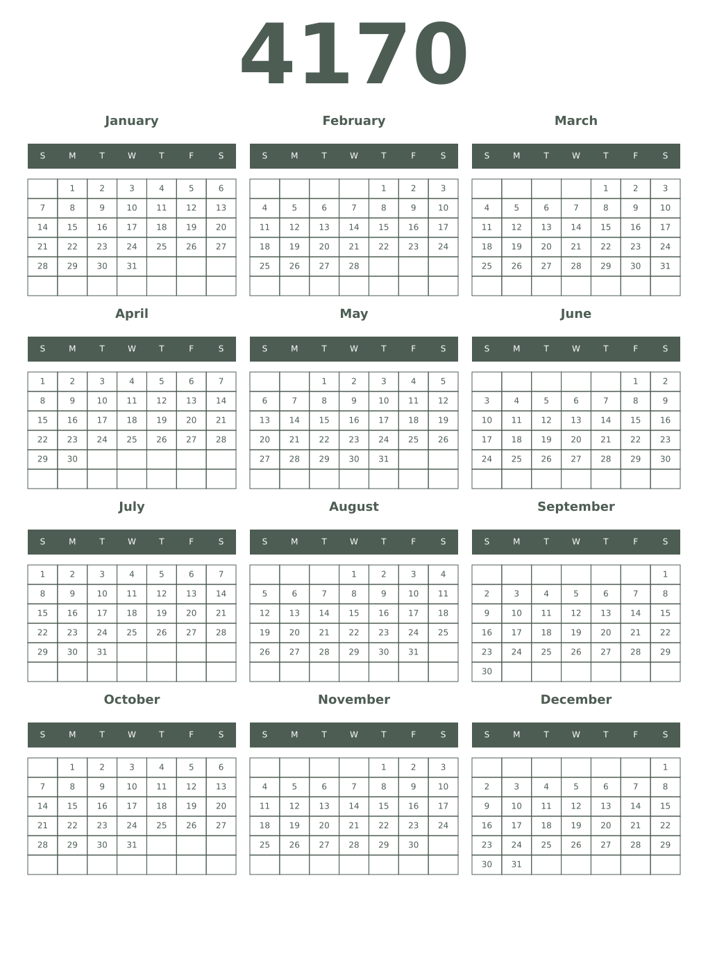 Printable 4170 Year Calendars feldgrau