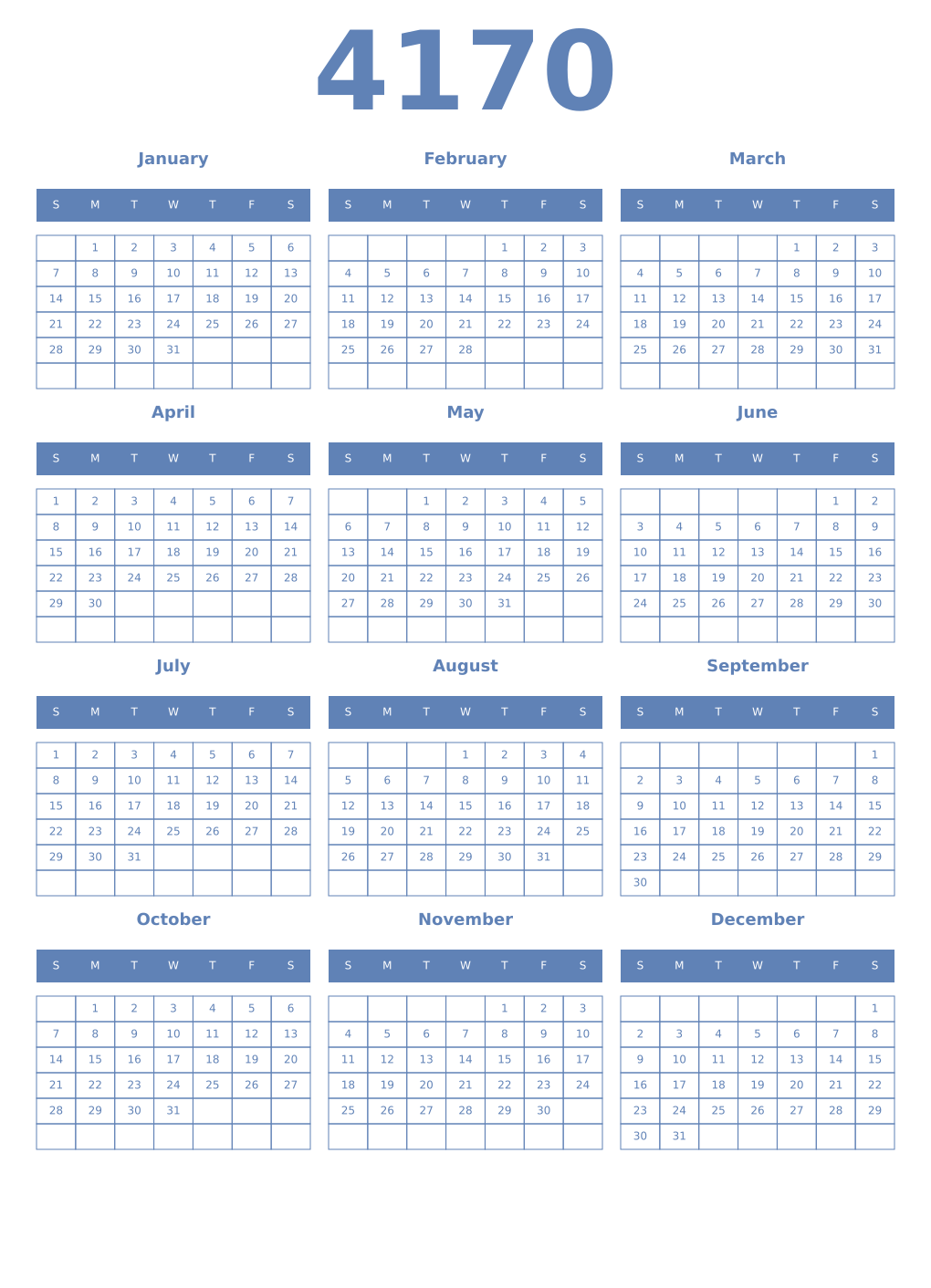 Printable 4170 Year Calendars glaucous