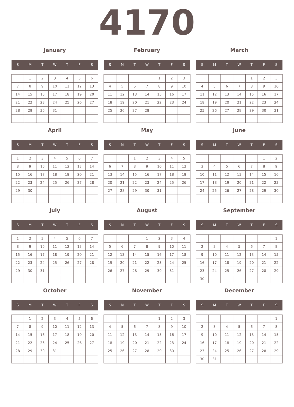 Printable 4170 Year Calendars wenge