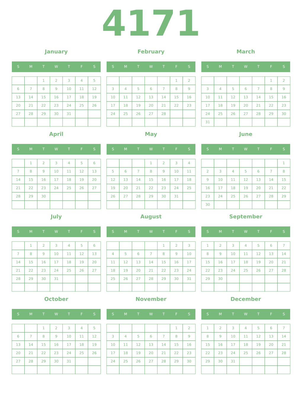 Printable 4171 Year Calendars celadon