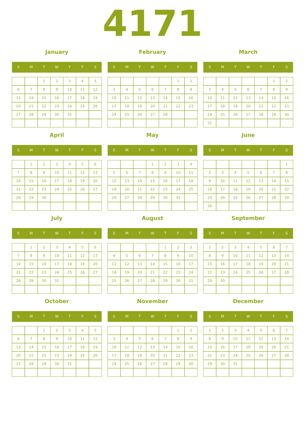 Printable 4171 Year Calendars chartreuse