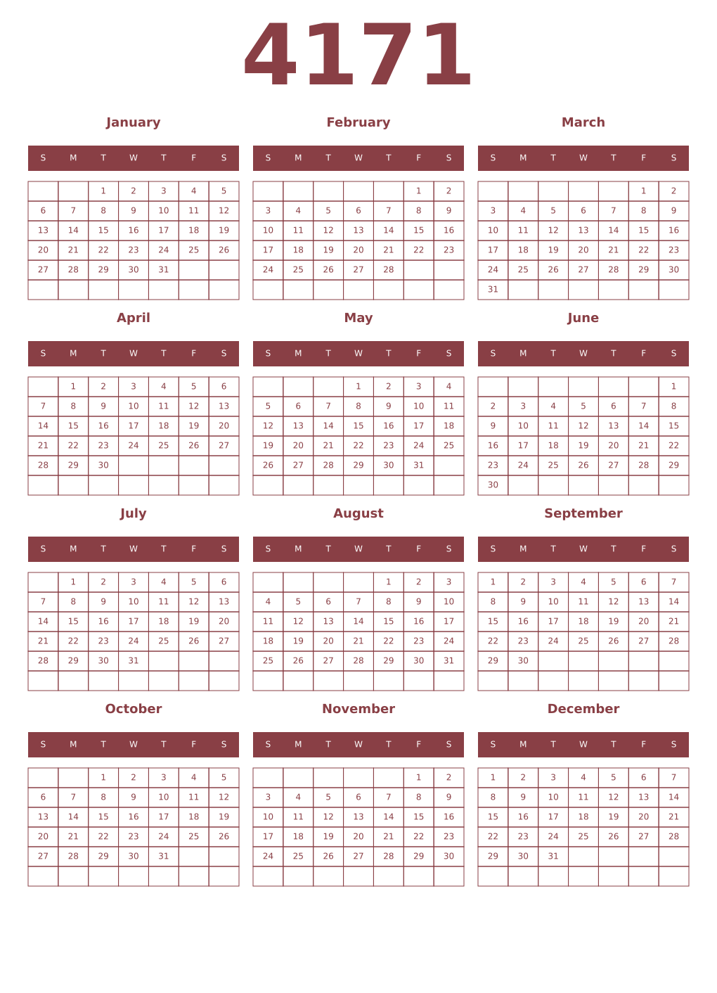 Printable 4171 Year Calendars cordovan