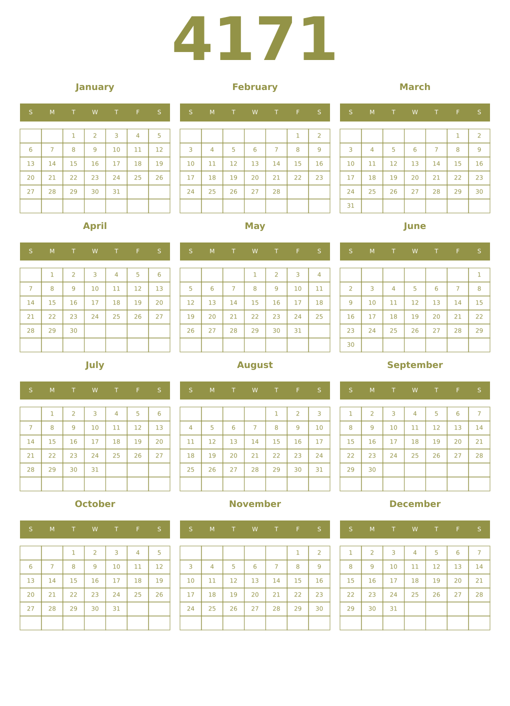 Printable 4171 Year Calendars eburnean
