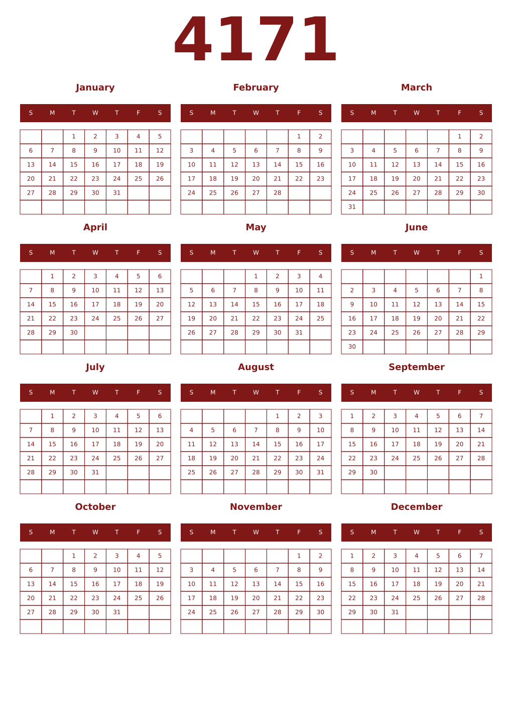 Printable 4171 Year Calendars falu