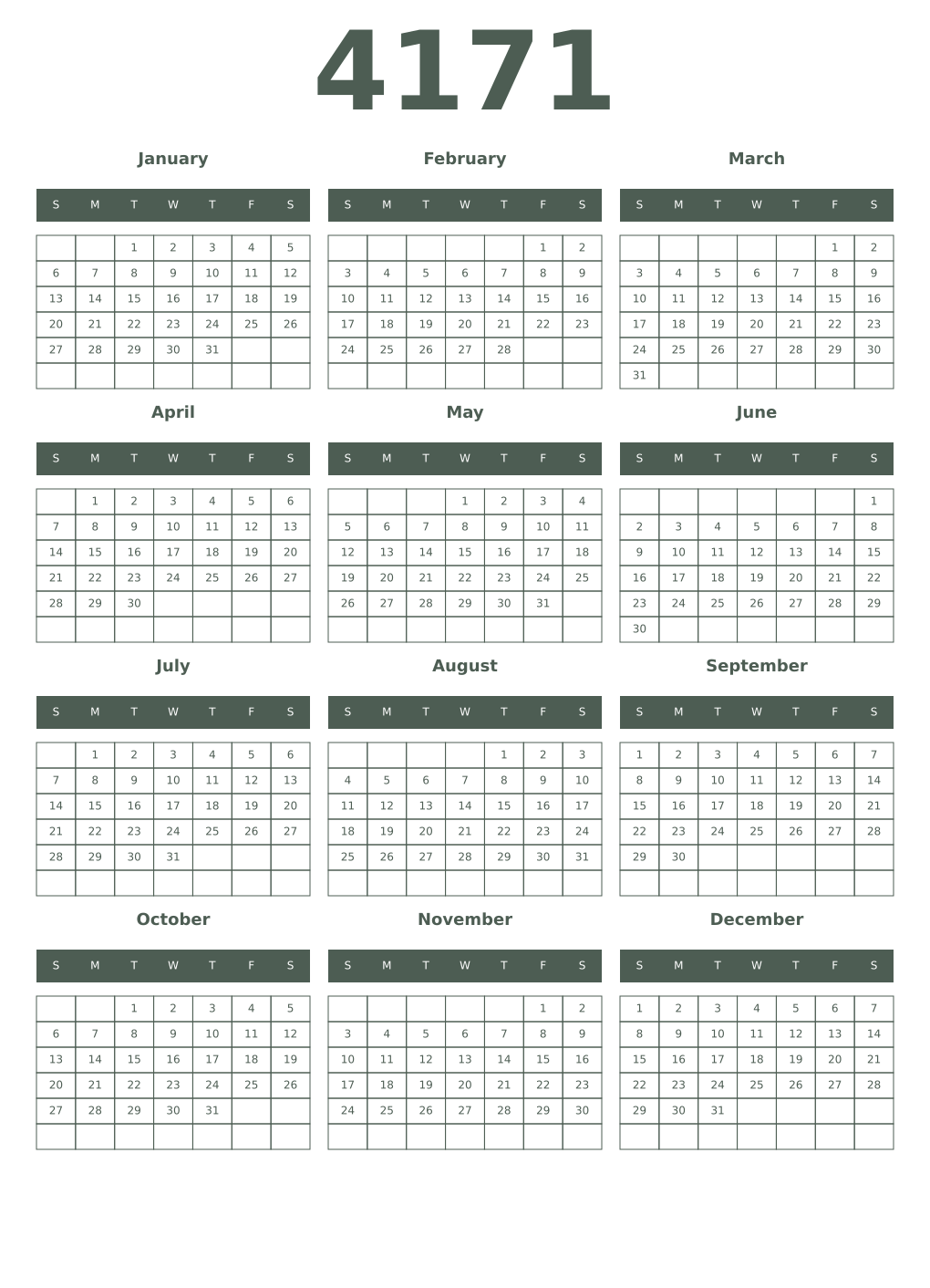 Printable 4171 Year Calendars feldgrau