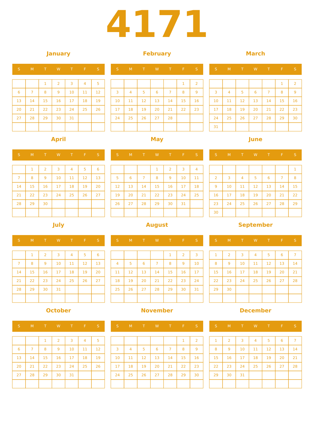 Printable 4171 Year Calendars gamboge