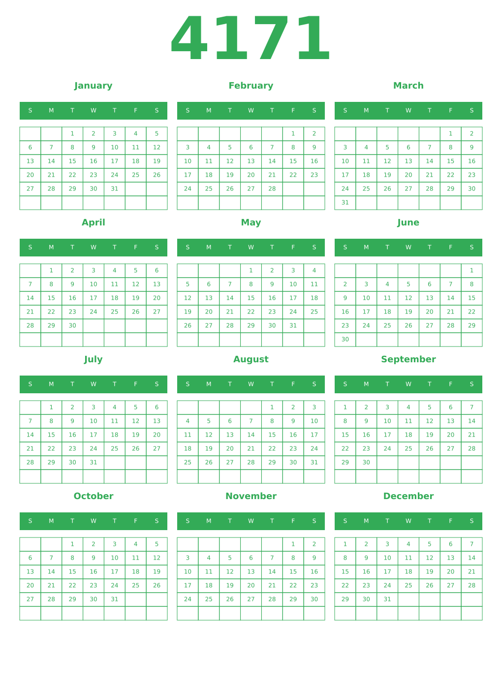 Printable 4171 Year Calendars green