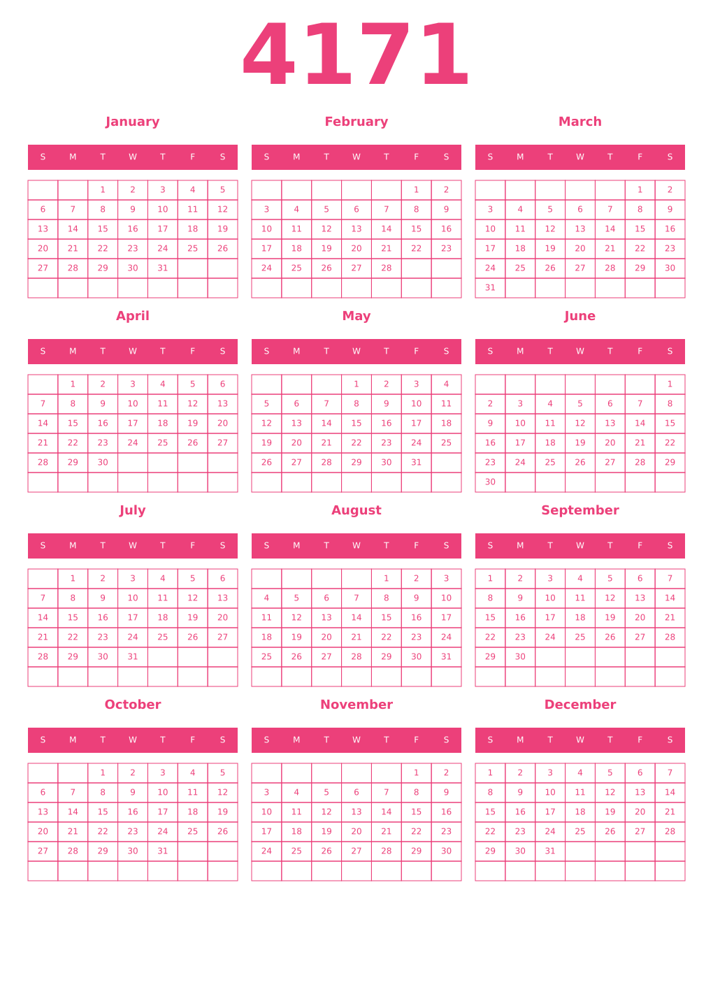 Printable 4171 Year Calendars pink