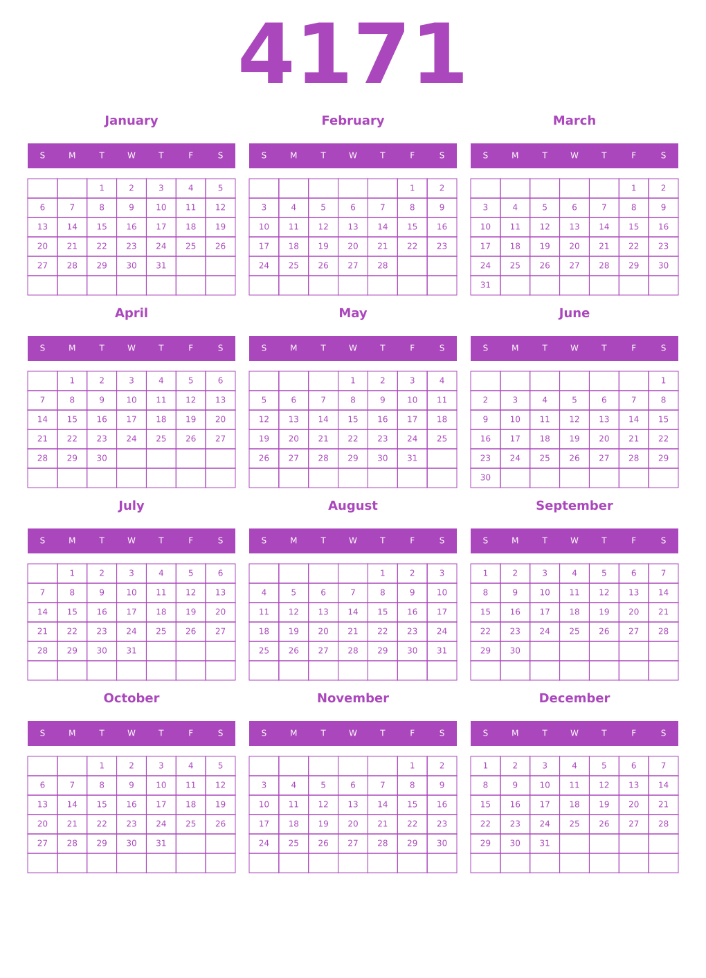 Printable 4171 Year Calendars purple