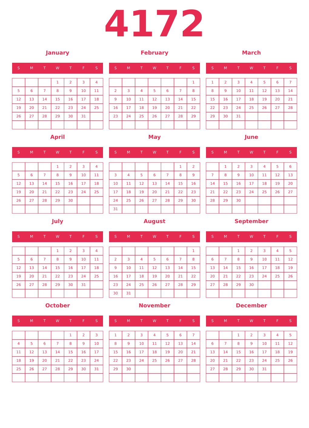 Printable 4172 Year Calendars amaranth
