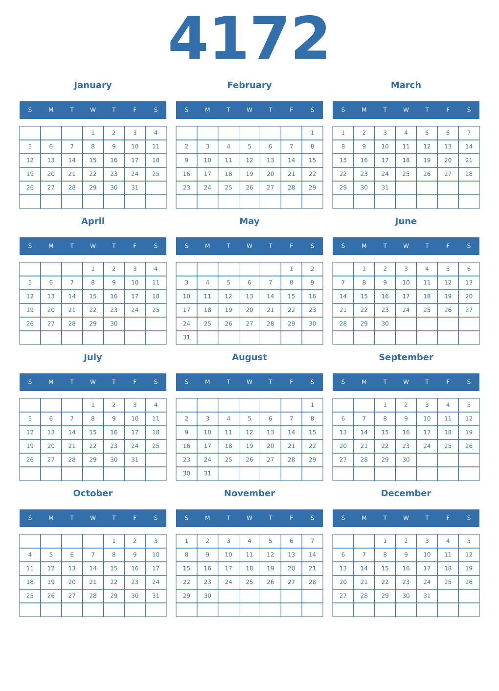 Printable 4172 Year Calendars blue