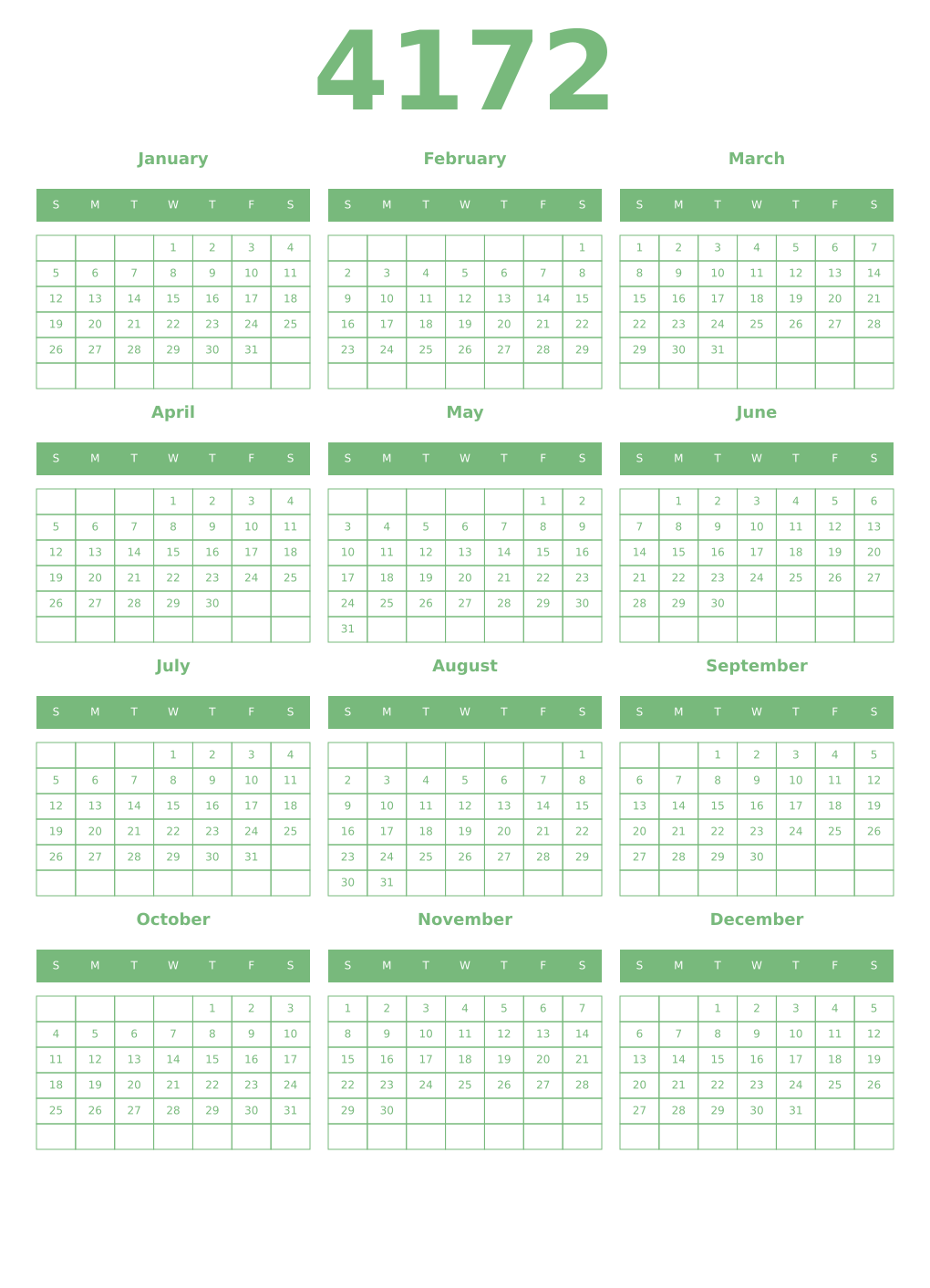 Printable 4172 Year Calendars celadon