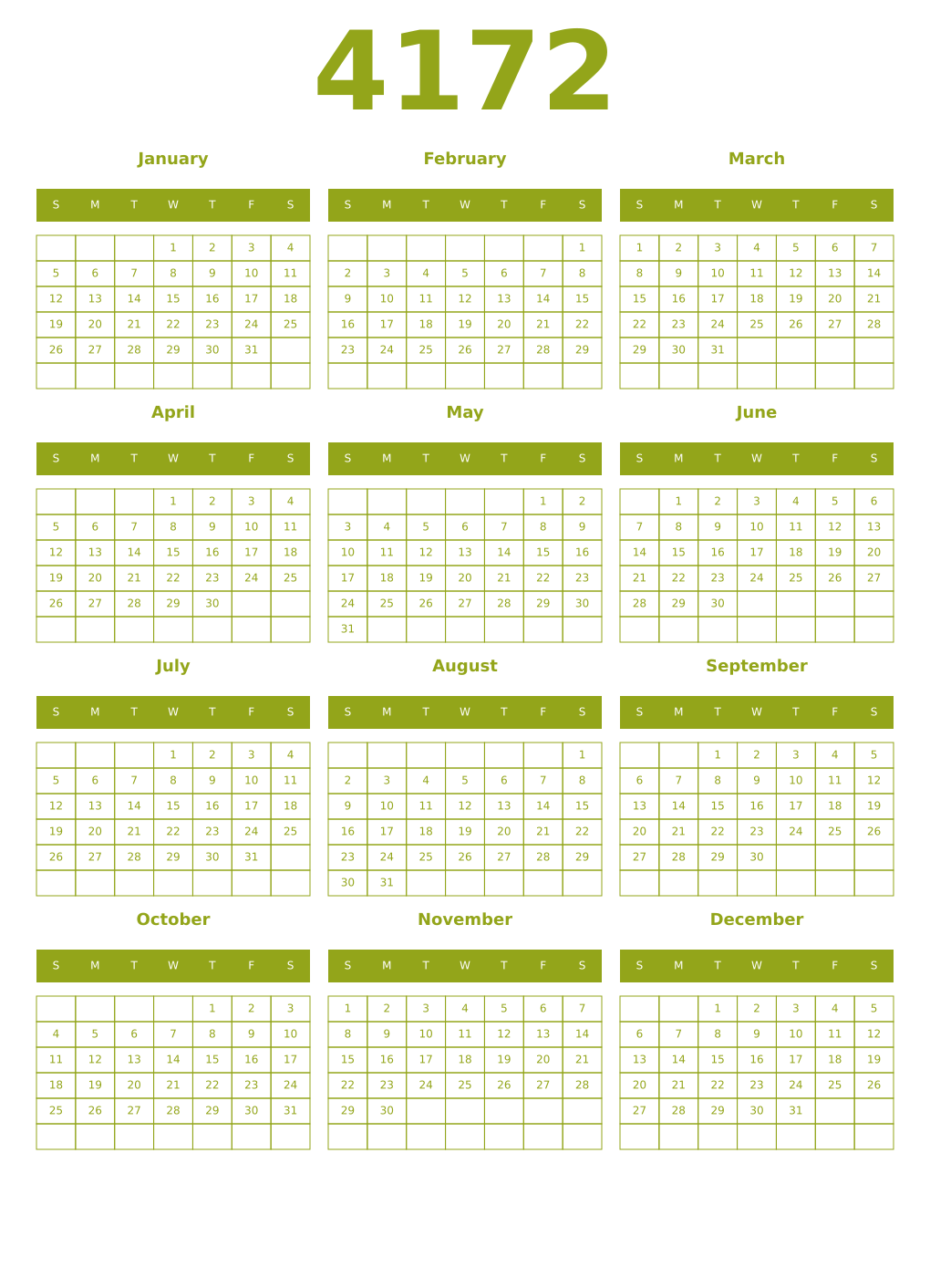 Printable 4172 Year Calendars chartreuse