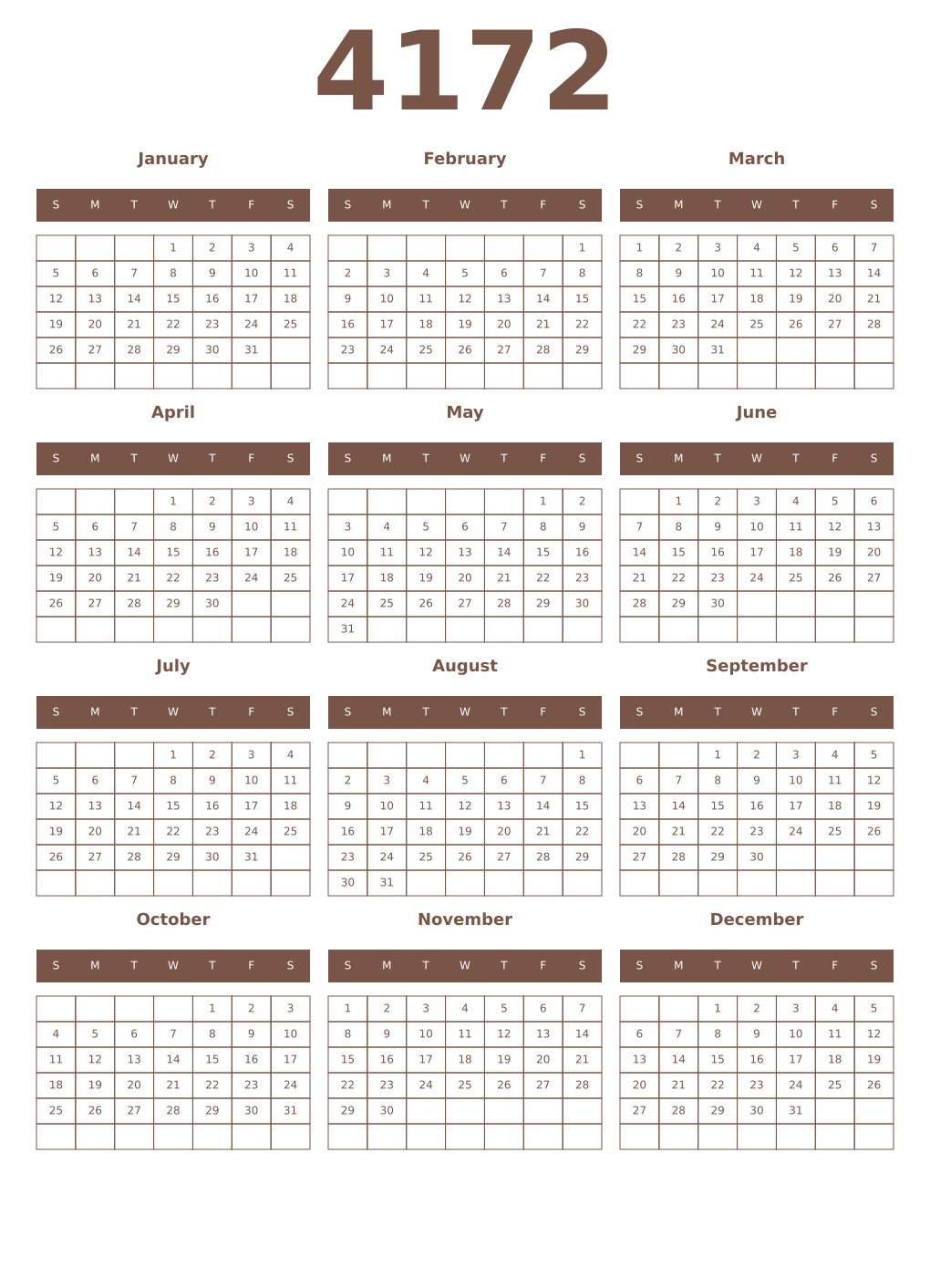 Printable 4172 Year Calendars coffe