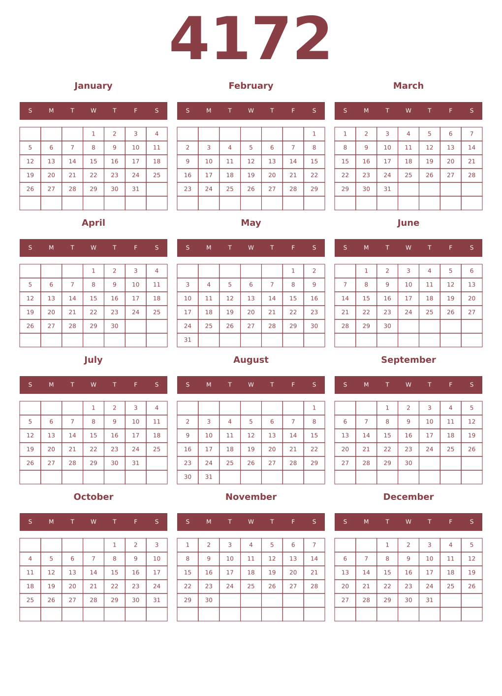 Printable 4172 Year Calendars cordovan