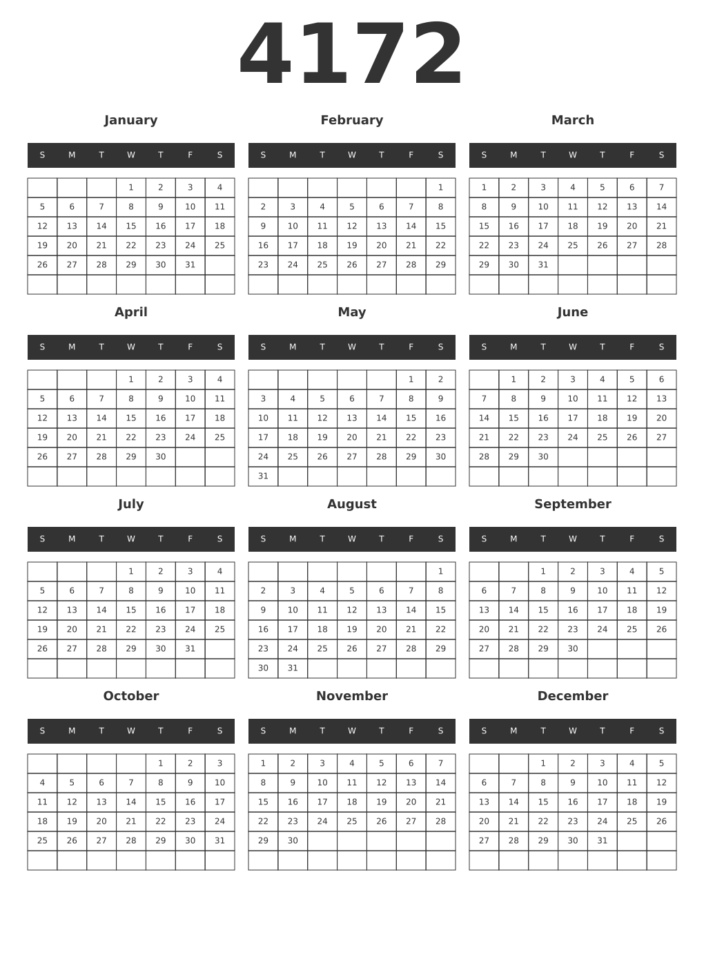 Printable 4172 Year Calendars dark