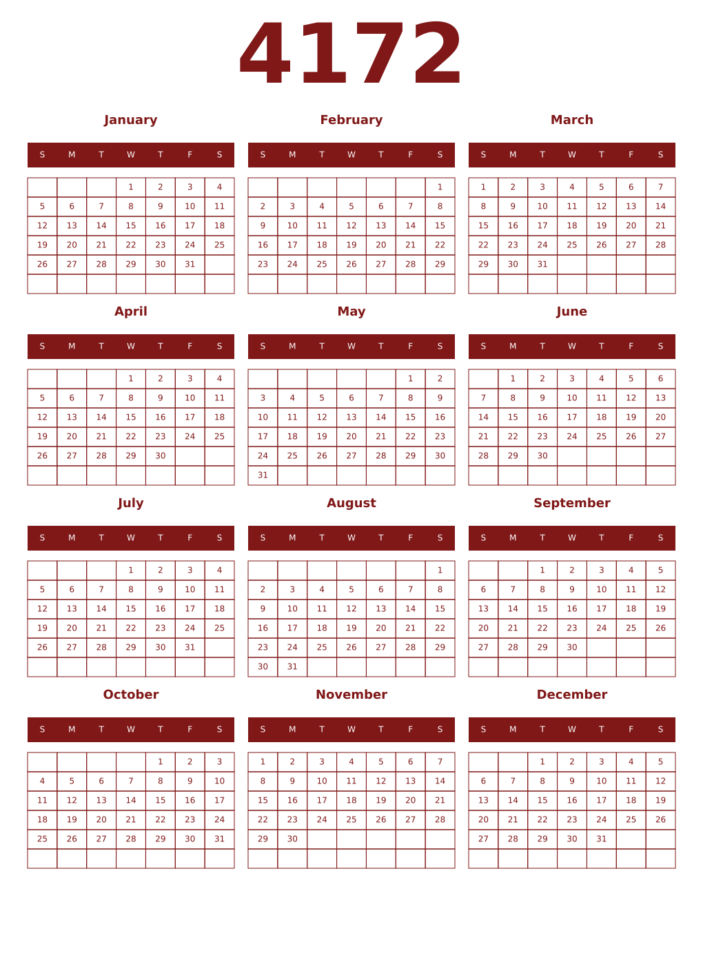Printable 4172 Year Calendars falu