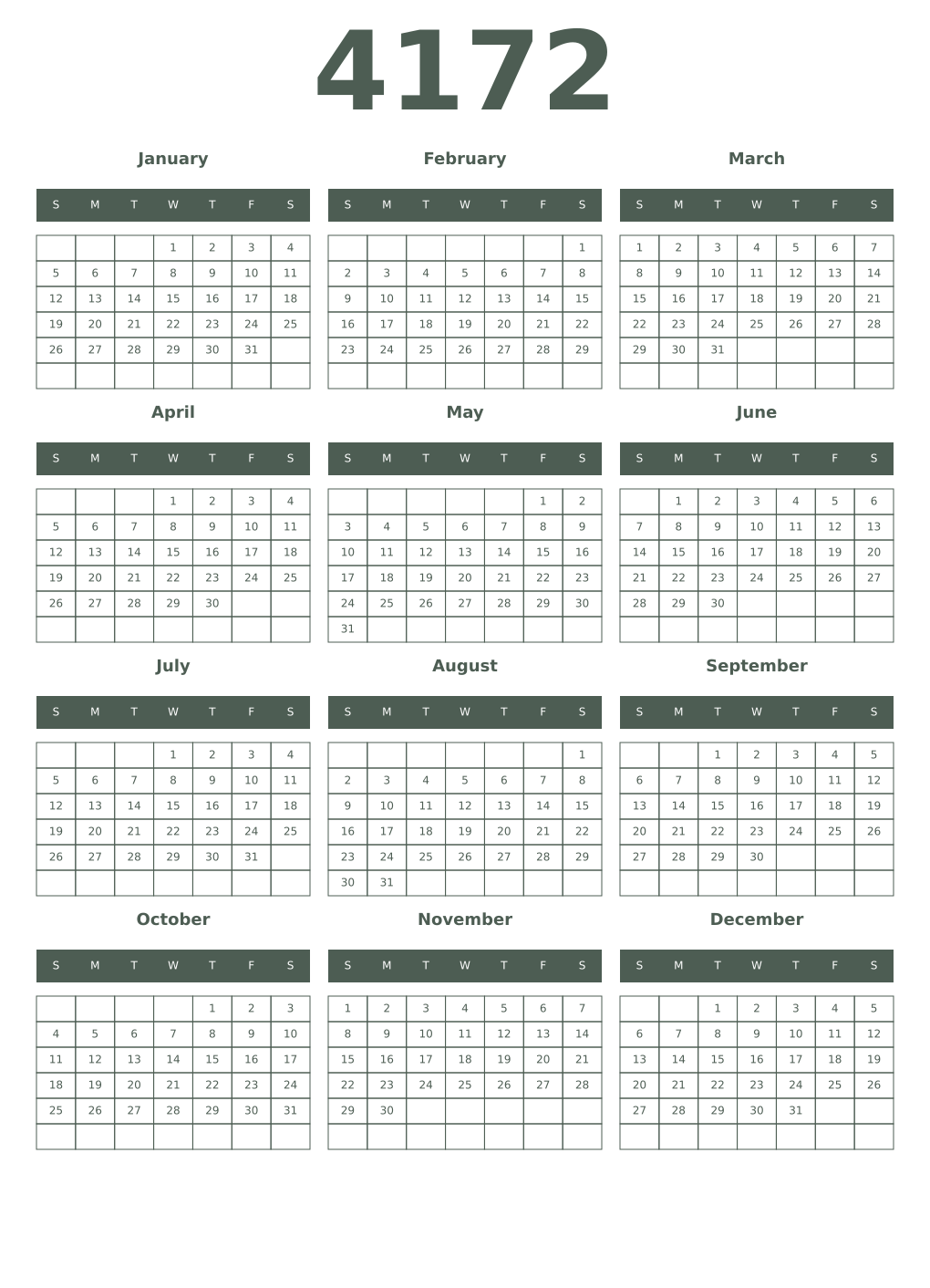Printable 4172 Year Calendars feldgrau