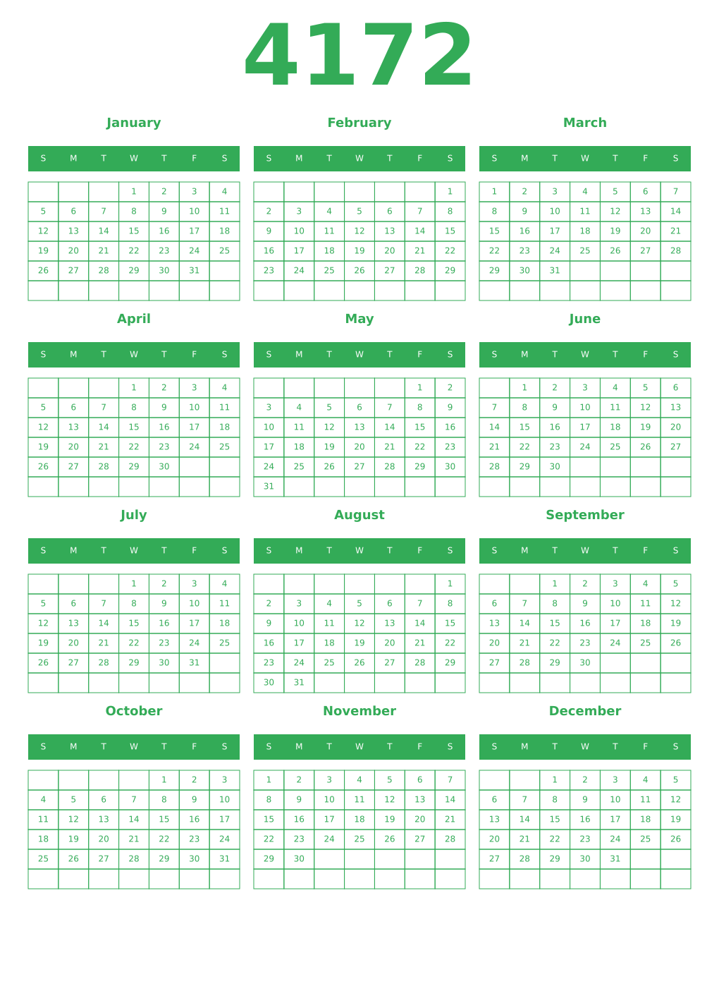 Printable 4172 Year Calendars green