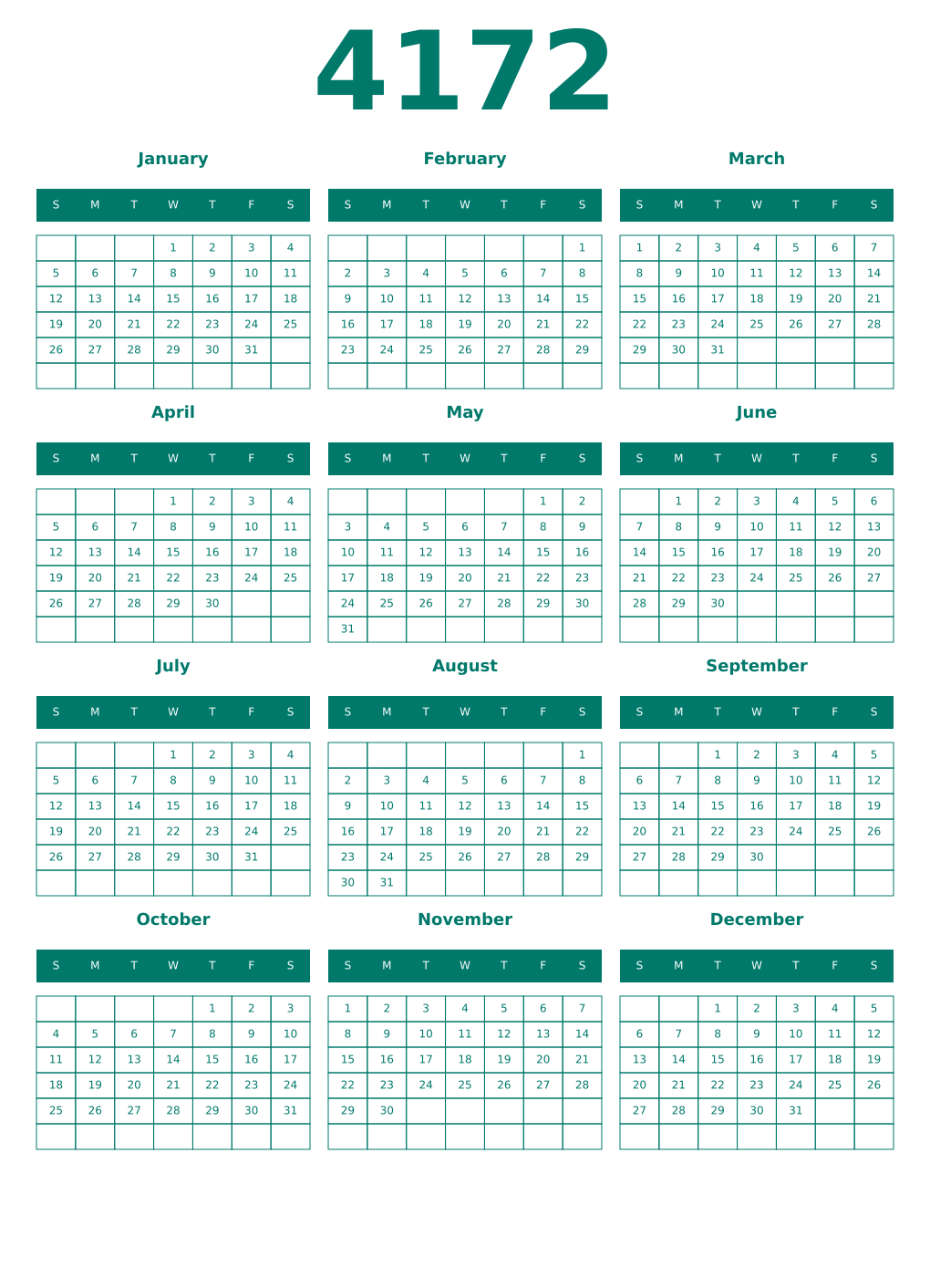 Printable 4172 Year Calendars pastel