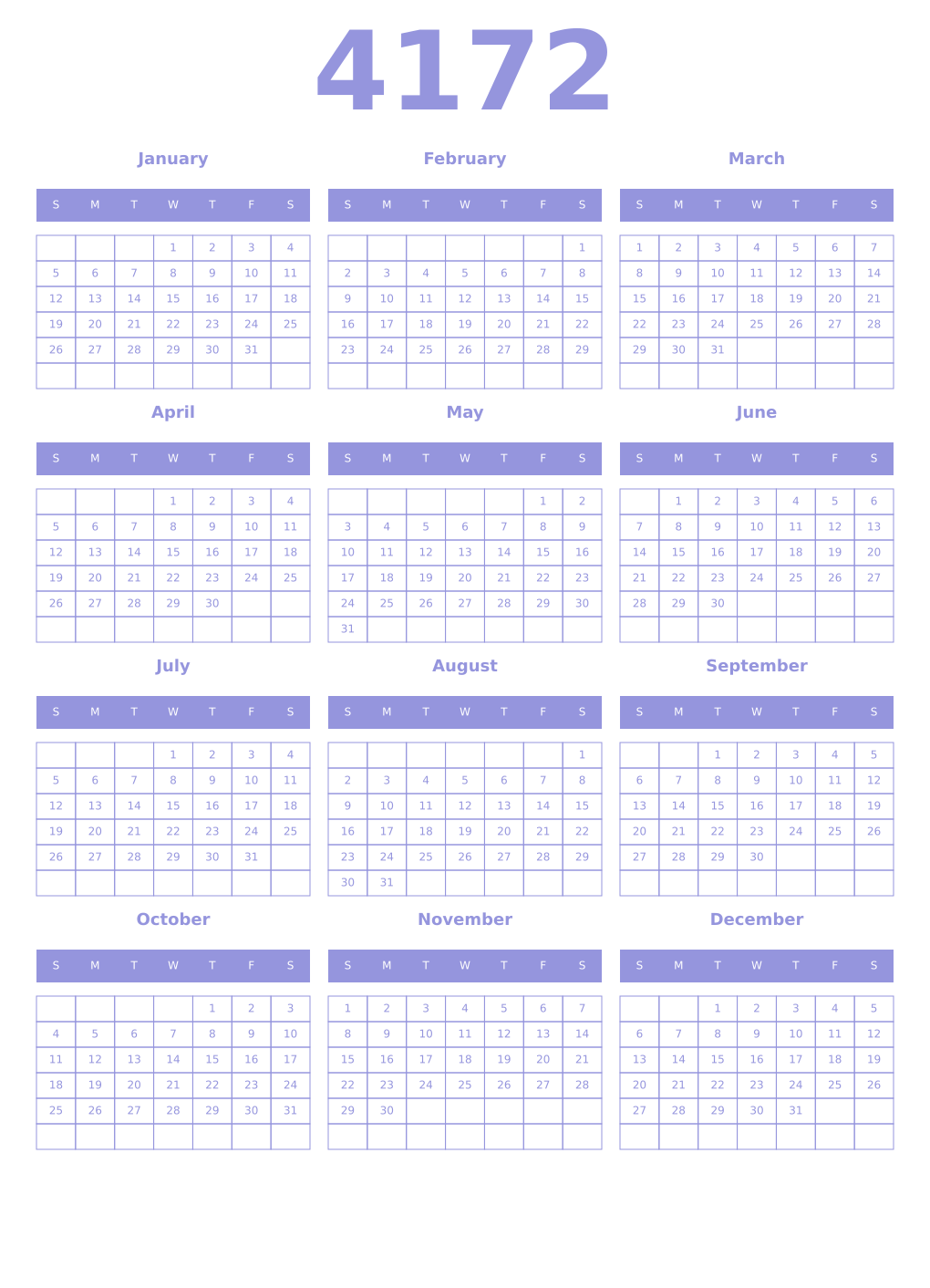 Printable 4172 Year Calendars periwinkle