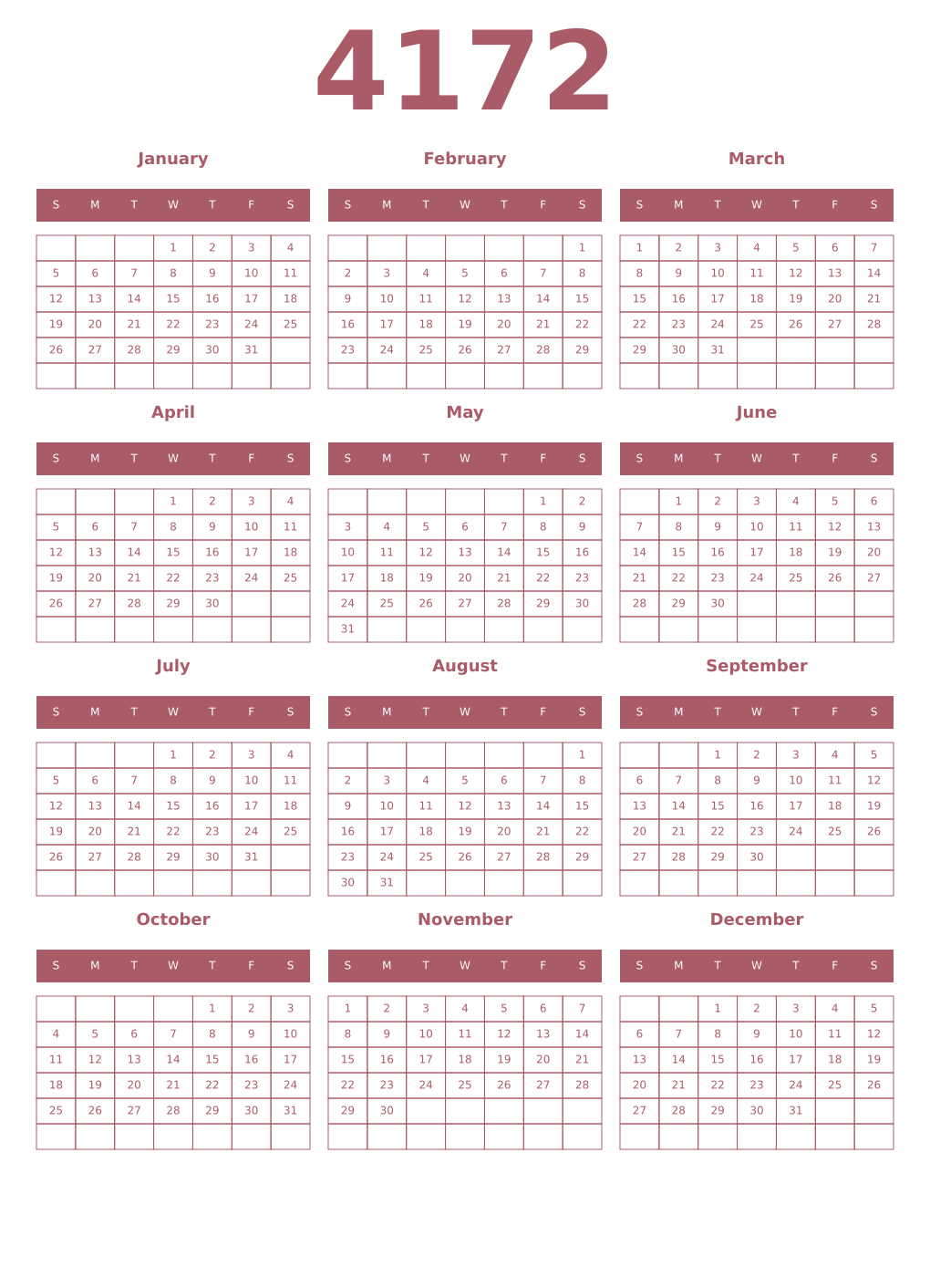 Printable 4172 Year Calendars puce