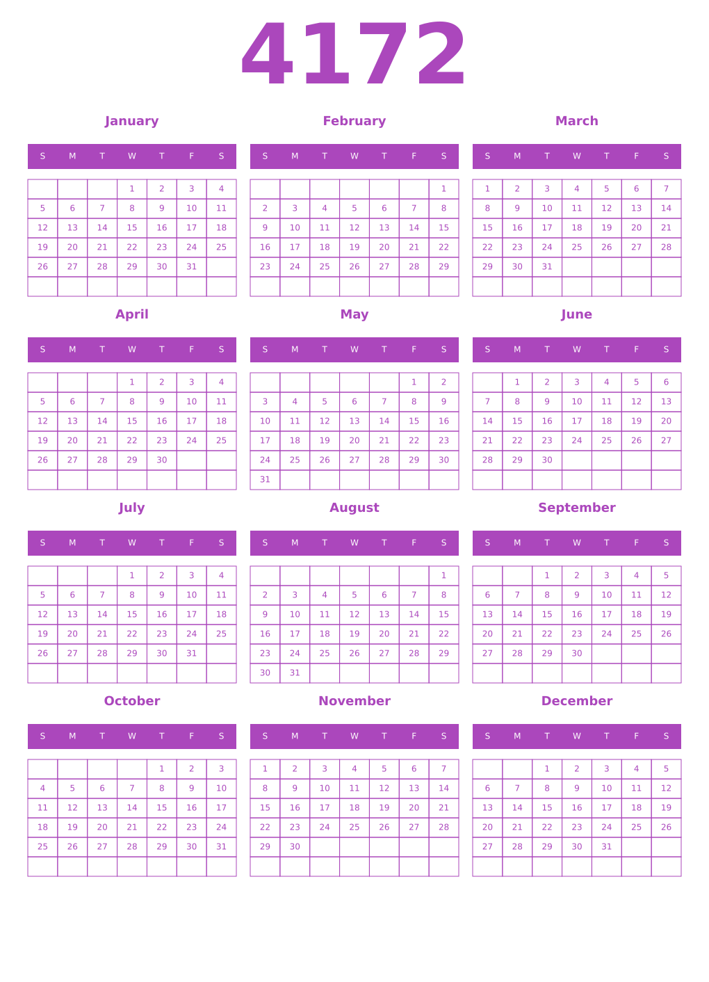 Printable 4172 Year Calendars purple