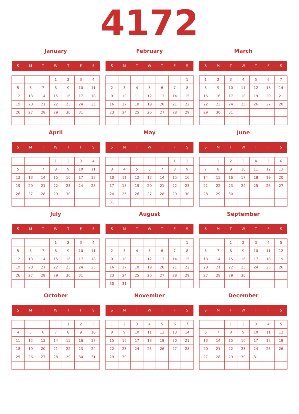 Printable 4172 Year Calendars red