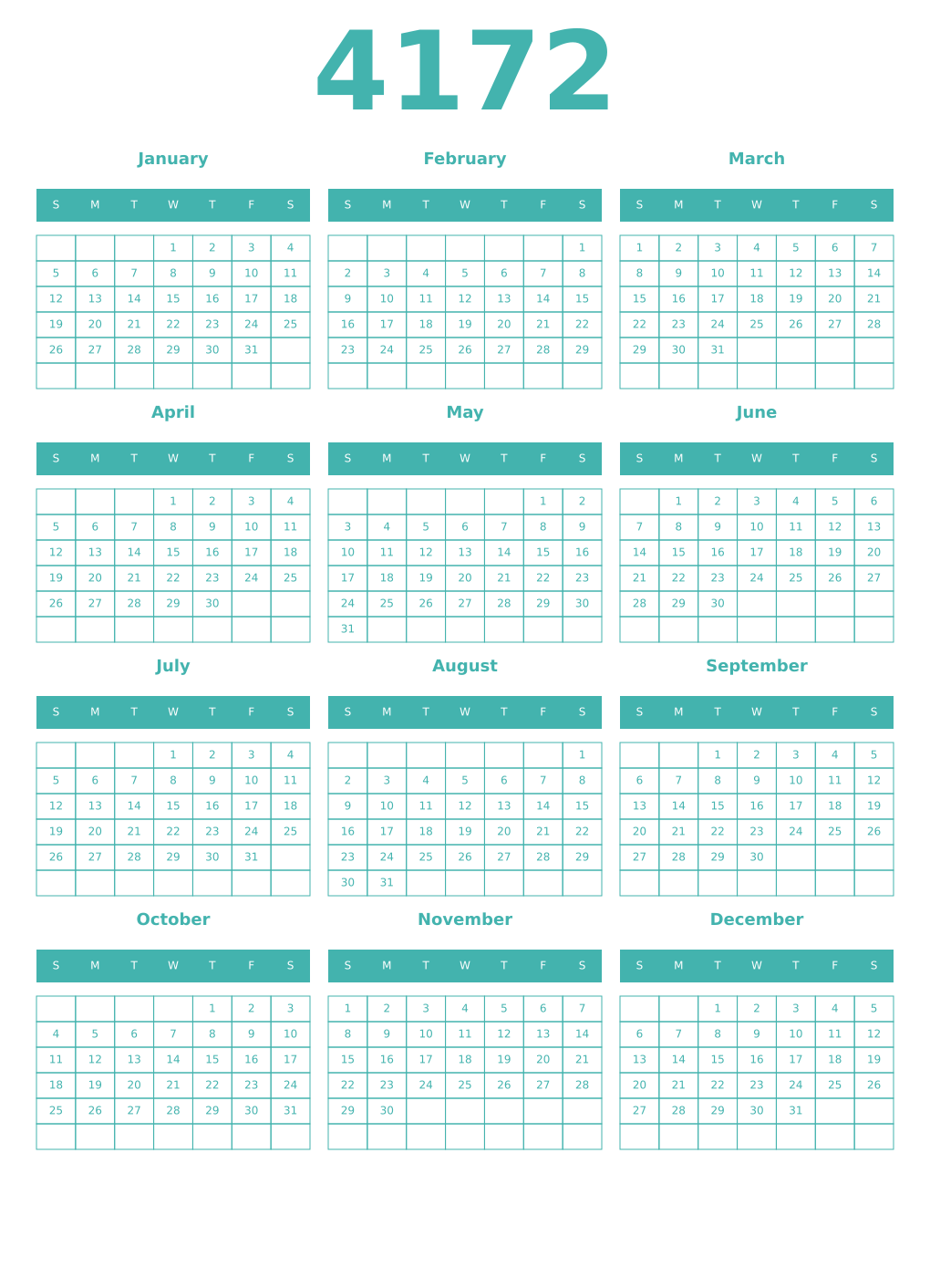 Printable 4172 Year Calendars verdigris