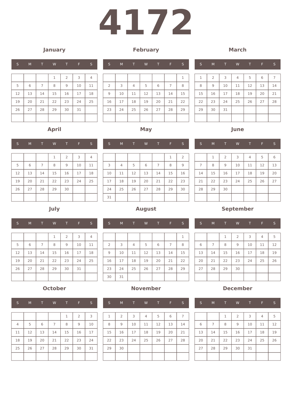 Printable 4172 Year Calendars wenge