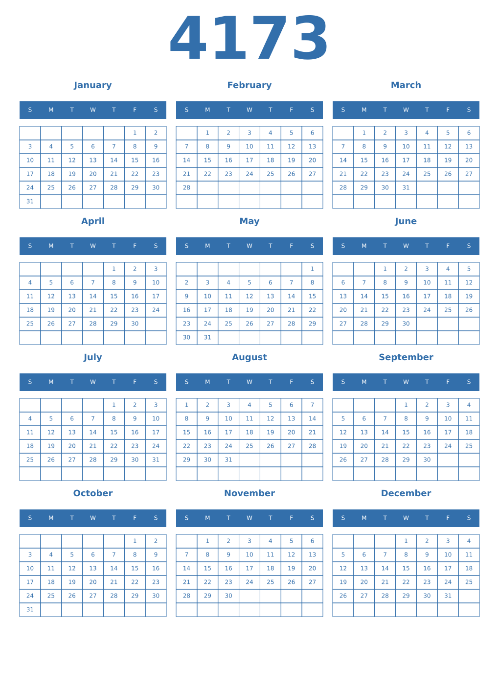 Printable 4173 Year Calendars blue