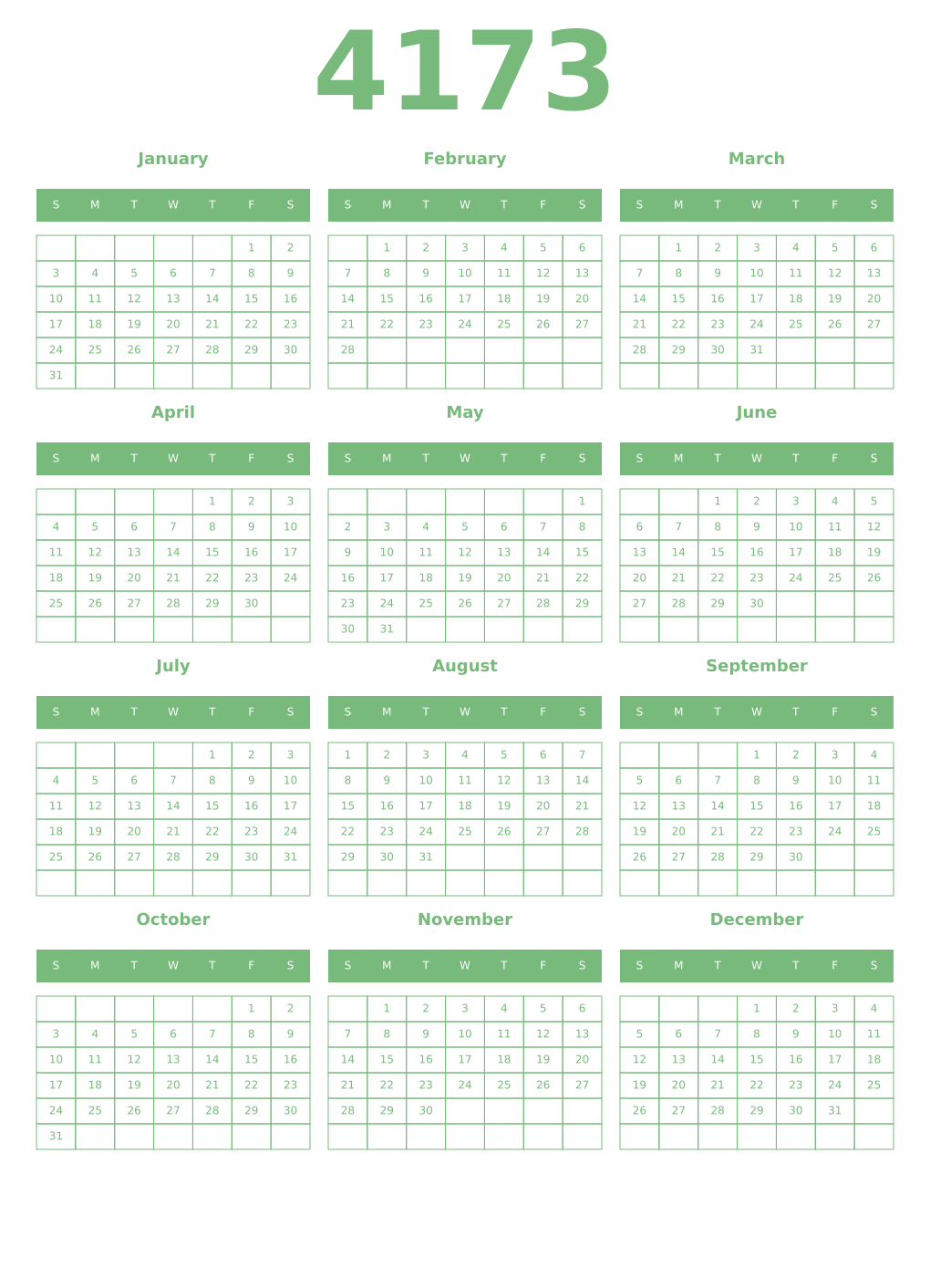 Printable 4173 Year Calendars celadon